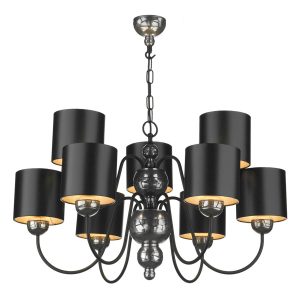 Garbo 9 Light Pendant Pewter complete with Black Silver Shades