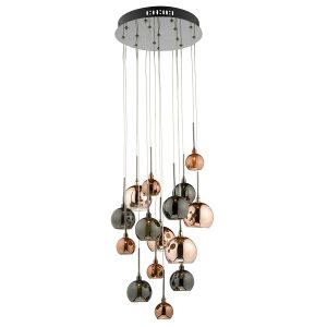 Aurelia 15 Light G4 Spiral Pendant with Copper, Dark Copper & Bronze Glass, Black Chrome Ceiling Plate